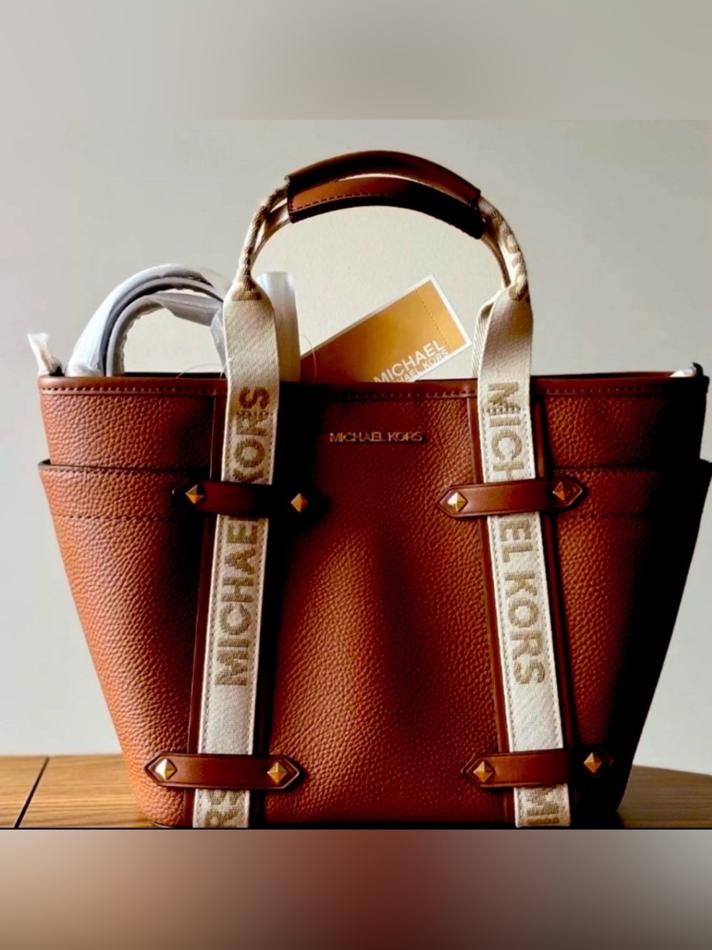 MICHAEL Michael Kors Maeve Brown Leather Open Tote with Logo Straps - NWT